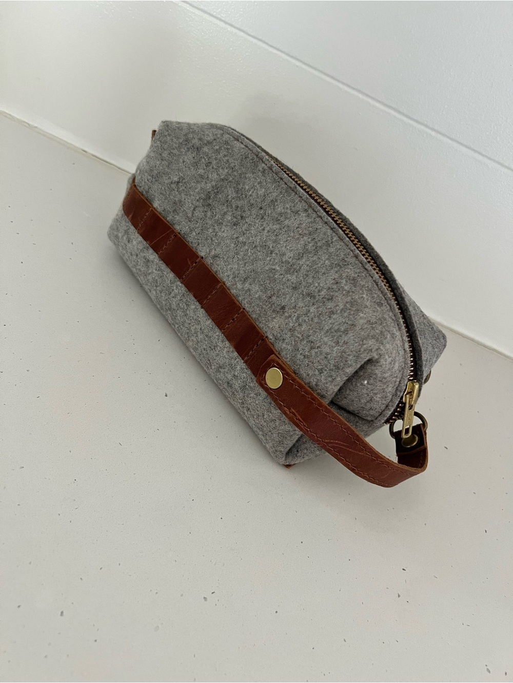 New Rustico Gray Felt Leather Zip Pouch Wristlet Made in USA Unisex